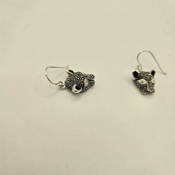 Panther Marcasite Head Dangle Earrings Black Sterling Silver 925 - Picture 4 of 5